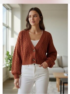 Aéropostale Slouchy Cable Cropped V-Neck Cardigan. - Rust